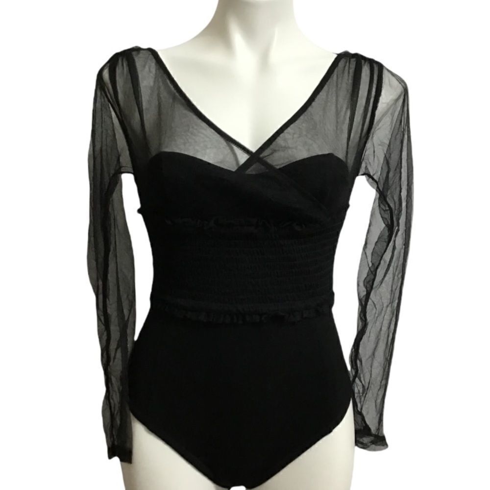 NBD Black Mesh Long Sleeve Bodysuit Sheer Mesh Corset Top Size Small